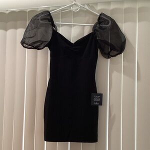 Lulu's Black Mini Dress with Sheer Puff Sleeves